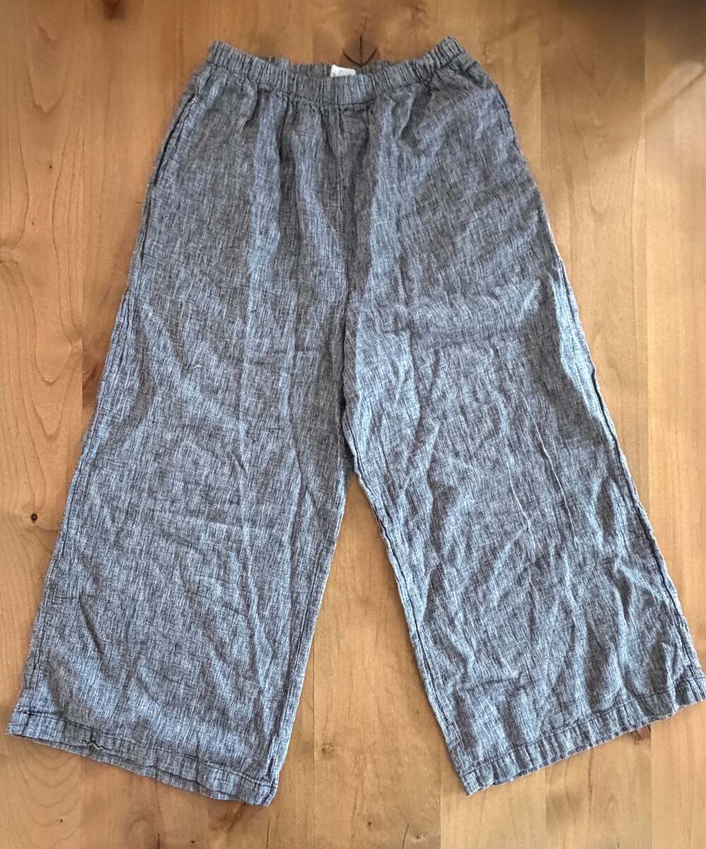 Mosaic U.S.A. Wide Leg Cropped Linen Blend Pants Blue White Stripe
